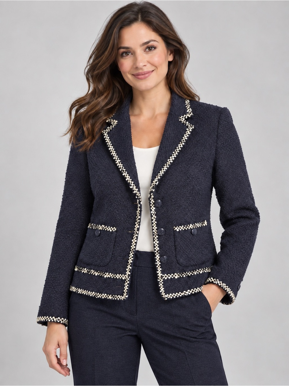 Talbots Navy Bouclé Blazer with Cream Trim